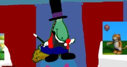 Whimsical scene featuring a cartoon reptile magician in a top hat, embodying DJ THE MAGIC CIRCUS RINGMASTER theme.