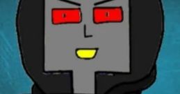 Emperor Eville character with red eyes and a dark hooded outfit, showcasing a mischievous expression against a blue background.