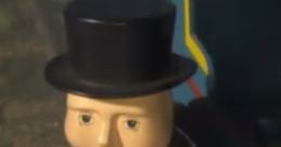 Sir Topham Hatt from Thomas & Friends, dressed in a suit with a bowler hat, overseeing the railway operations.