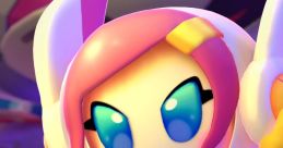 Colorful character with pink hair and vibrant blue eyes, showcasing a playful design that captivates fans of gaming art.
