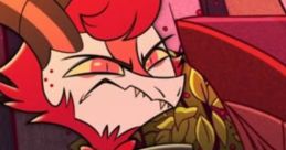 Dazzle from Hazbin Hotel with red hair and horns, sporting a bow tie and bat wings, showcasing a mischievous expression.