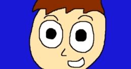 Character with brown hair and large eyes, smiling in a blue shirt against a vibrant blue background. Fun and playful design.