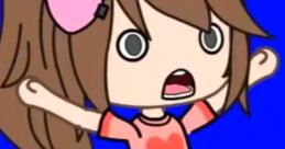 Joyful animated character Alondria with long hair, heart-shaped hairpin, and pink outfit on a bright blue background.