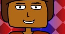 Cartoon character with a friendly smile, wearing a red shirt against a colorful diamond patterned background.