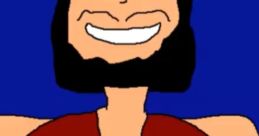 Cartoon character with glasses and a beard, wearing a red outfit against a blue background, embodying creativity and fun.