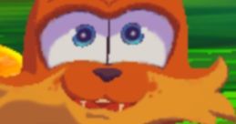 Terry from Bubsy stands with wide eyes and a cheerful expression, showcasing his orange fur and iconic question mark shirt.
