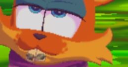 Terri from Bubsy 4D, a vibrant orange character, poses with a playful expression in a purple hoodie with a question mark.