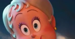 Cheerful animated character with short gray hair, wearing a white outfit, set against a sparkling backdrop.