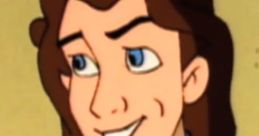 Animated character with wavy brown hair and a blue uniform, smiling confidently in a whimsical setting.