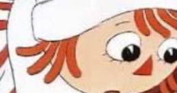Animated character with orange hair, wearing a white hat and blue outfit, looking thoughtfully, embodying the spirit of childhood.