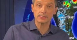 Brian Shields delivering a weather report, with a map backdrop showing storm activity, focusing on his sign-off moment.