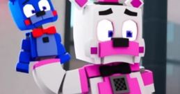 Funtime Freddy, a playful character, holds a blue companion toy in a vibrant, colorful setting. Perfect for fan art!
