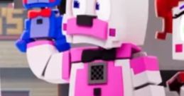 Funtime Freddy exhibits a playful expression while holding a small blue bunny toy, set in a colorful arcade scene.