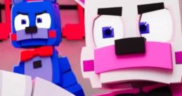 Funtime Freddy in vibrant colors with a red head, featured alongside a blue character, brings playful energy to the scene.