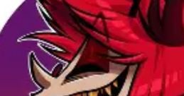 Playful depiction of Alastor, the malevolent character with vibrant red hair and sharp teeth, set against a colorful background.