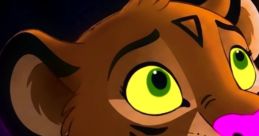 Kamili, a young animated tiger, gazes curiously with bright green eyes and distinctive pink markings.