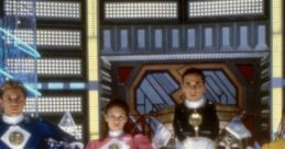 Power Rangers team in iconic suits, standing confidently in a futuristic command center, showcasing teamwork and bravery.