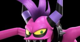 Vibrant pink creature with sharp horns and menacing eyes, showcasing its fierce expression and detailed teeth.