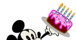 Mickey Mouse V5 joyfully presents a birthday cake with candles, celebrating with a cheerful smile and iconic style.
