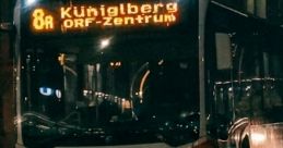 Blaguss bus displaying route 8A to Küngilberg and ORF-Zentrum, illuminated at night in an urban setting.