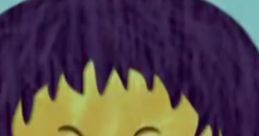 Cartoon character with purple hair and a cheerful expression, set against a light blue background.