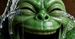 Laughing green character with tears, showcasing a whimsical expression and tongue out, perfect for fun and vibrant themes.