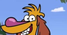 Cheerful cartoon dog Hal from Nature Cat, smiling and holding a rock in a vibrant outdoor setting.