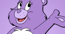 Illustration of Share Bear, a purple Care Bear, showcasing a playful expression with a milkshake on her tummy.