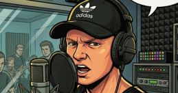 Energetic rapper in studio, promoting "Vienna 1120" with passion, wearing a black cap, headset, and showcasing confidence.
