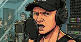 Energetic rapper in a recording studio, showcasing Vienna 1120 with vibrant graffiti art and a passionate performance.