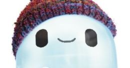 Cute blue character with a happy face and a colorful knitted hat, inspired by the film Ron Ron's Gone Wrong.