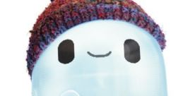 Cute, translucent character wearing a colorful knitted hat, embodying fun and creativity inspired by Ron Binscatsco.