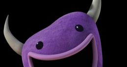 Purple Monster Krumholtz from the 2012 TV series "Monster and Robot," joyfully waving with a hat.