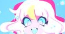 Cheerful character Sayu from NSR with pink hair and a colorful outfit, surrounded by bubbles against a blue background.