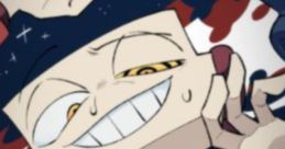 Henry Hotline character with a mischievous grin, holding an old phone, surrounded by vibrant, chaotic background elements.