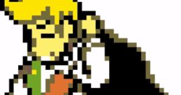 Pixel art character with spiky blonde hair, a colorful vest, and a flowing black cape striking a confident pose.