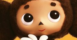 Cheburashka, the beloved animated character, holds a white flower against a bright orange background.