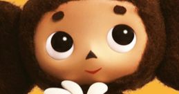 Cheburashka holding a flower against an orange background, showcasing its adorable and playful character.