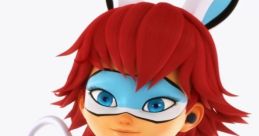 Bunnyx from Miraculous Ladybug showcases her vibrant blue and white costume, featuring bunny ears and a playful expression.