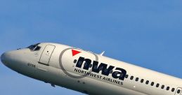 Northwest Airlines Douglas DC-9 in flight, showcasing classic design and GPWS technology in clear blue sky.
