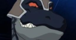 Captain Black Dino from Monster Rancher showcases a fierce appearance with armor and sharp claws, embodying a powerful character.