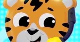 Cheerful animated tiger character with a headset, posing playfully against a bright blue background, perfect for kids' content.