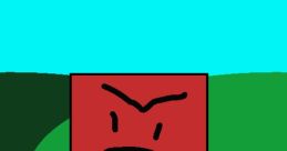 Angry red square character with arms in a vibrant green landscape, showcasing a whimsical and animated style.