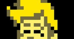 Pixel art character with spiky yellow hair, cheerful expression, green vest, and orange accents, embodying playful retro gaming style.