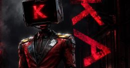Futuristic character in a red suit with a glowing screen head, embodying themes of technology and cyberpunk aesthetics.