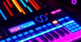 Colorful synthesizer keys illuminated in vibrant pink and blue light, showcasing a dynamic music production setup.