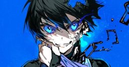 Isagi poses confidently with a soccer ball, showcasing intense blue eyes and a dynamic, stylish outfit against a blue backdrop.