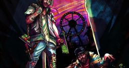Two characters from Hotline Miami stand defiantly with graffiti art and vibrant colors, embodying the game's edgy aesthetic.