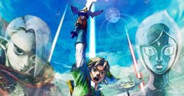 Link wields the Master Sword in vibrant artwork from The Legend of Zelda: Skyward Sword HD, with iconic characters and motifs.