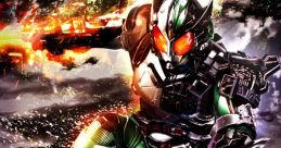 Kamen Rider poses dynamically in action, showcasing its iconic green and black suit against a dramatic, smoky backdrop.